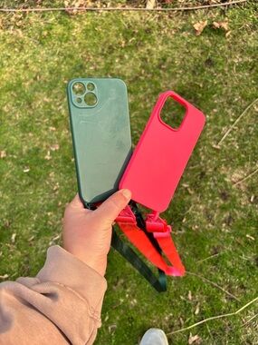 Silicone iPhone13 Cases in Green+ Pink w Detachable Strap - LoopSling - Set of 2